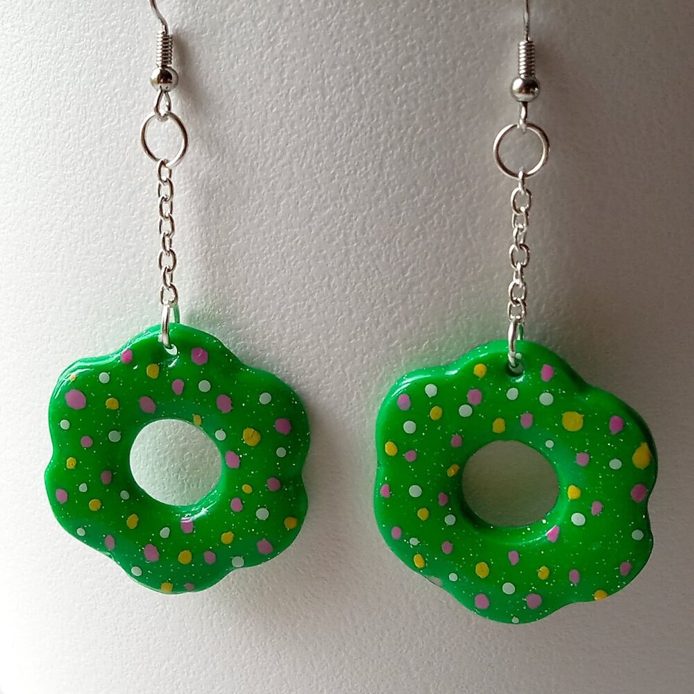 Handmade Green with Polka Dots Flower Earrings